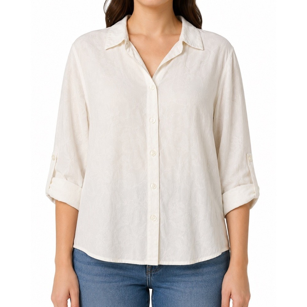 Croft Barrow Womens Button Down Blouse Shirt Cream Ivory Jacquard XL